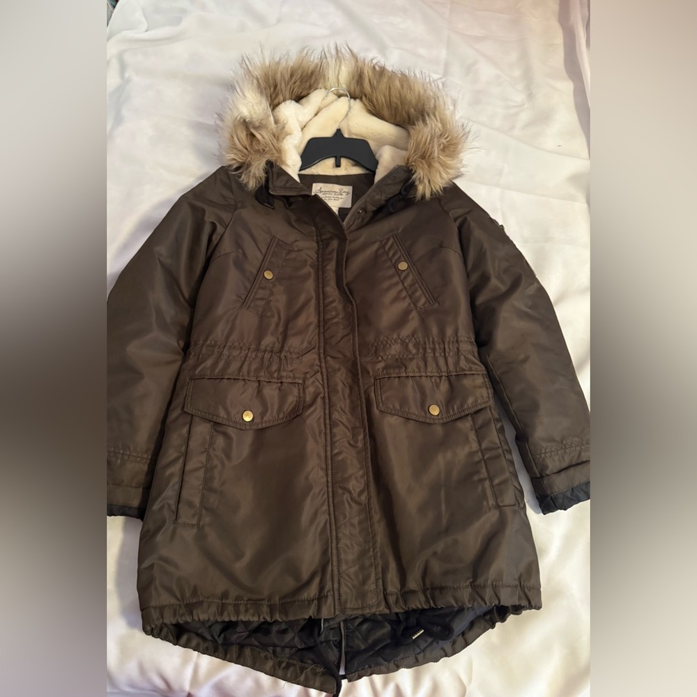 American Rag Kids Dark Brown Hooded Puffer Coat with Faux Fur Trim